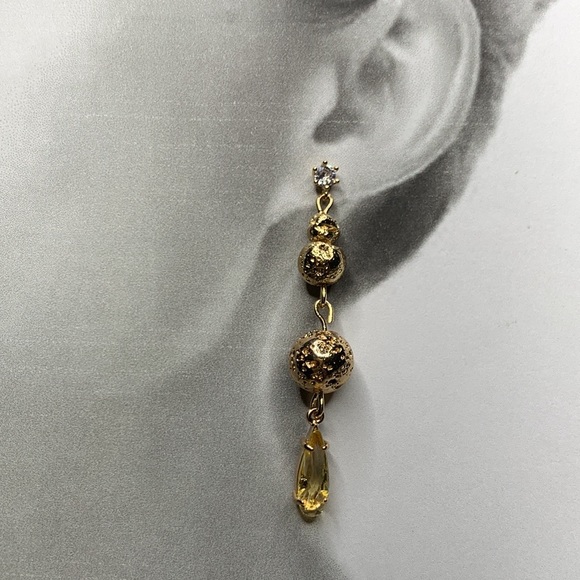 Sheer Yellow Teardrop Faceted Drop Dangle w Gold Semi Precious Lava Bead on CZ - Picture 3 of 16